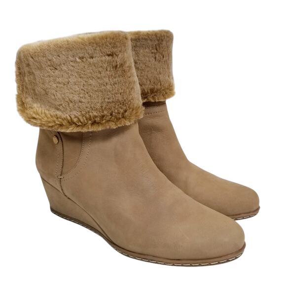 Franco Sarto Women's Anorak Low Wedge Heel Faux Fur Top Ankle Boots Tan 8.5 - Picture 1 of 7